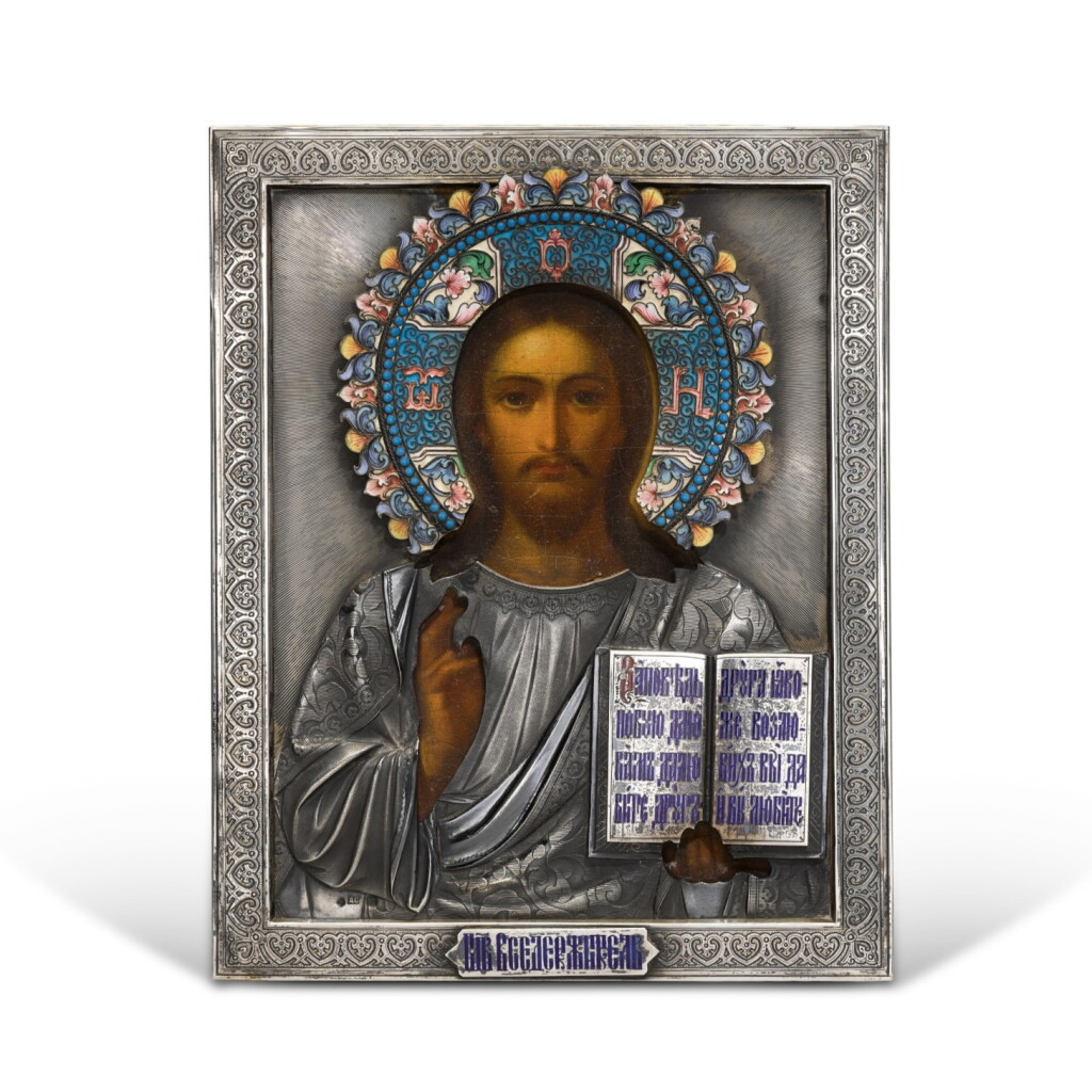 View full screen - View 1 of Lot 317. A silver and cloisonné enamel icon of Christ Pantocrator, Dmitry Smirnov, Moscow, 1899-1908.