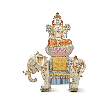 View full screen - View 1 of Lot 20. An extremely large and rare famille-rose figure of Puxian seated on an elephant, Qing dynasty, Qianlong period.
