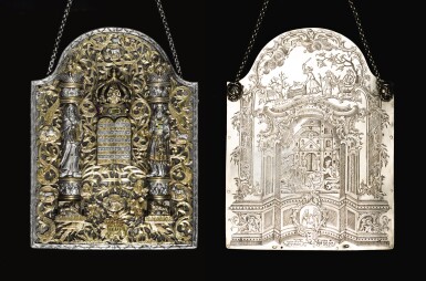 View full screen - View 1 of Lot 26. A HIGHLY IMPORTANT PARCEL-GILT SILVER AND ENAMEL TORAH SHIELD, SIGNED AND DATED IN HEBREW ELIMELEKH TZOREF OF STANISLAV, 1782.