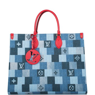 View full screen - View 1 of Lot 84. LOUIS VUITTON | DAMIER PATCHWORK ONTHEGO TOTE IN DENIM AND LEATHER WITH GOLD TONE HARDWARE.