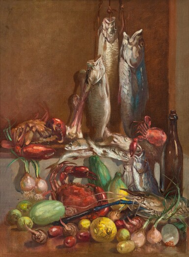 View full screen - View 1 of Lot 2022. U Ngwe Gaing 伍巍芥 | Still Life with Fish 靜物與游魚.