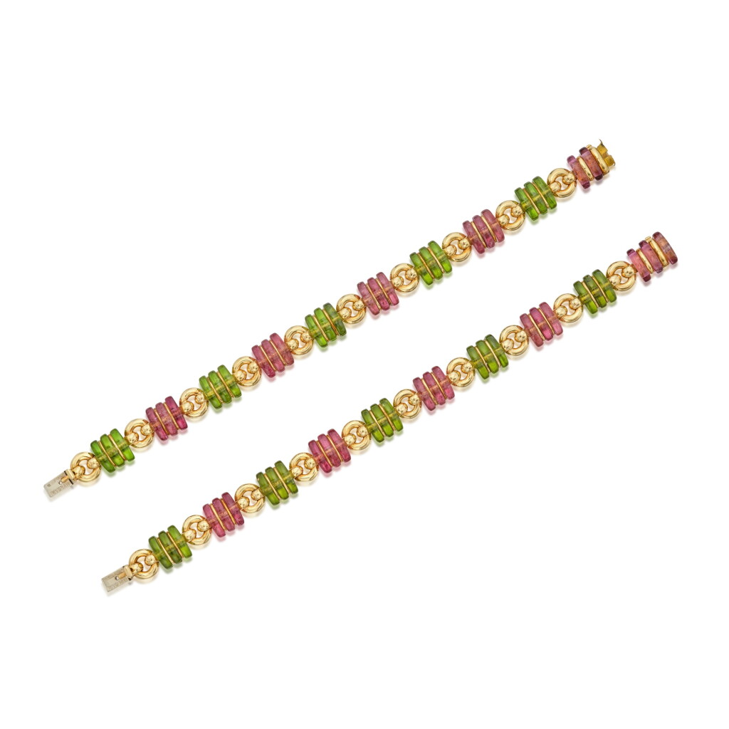 View full screen - View 1 of Lot 467. Pair of Gold, Peridot and Tourmaline Bracelets.