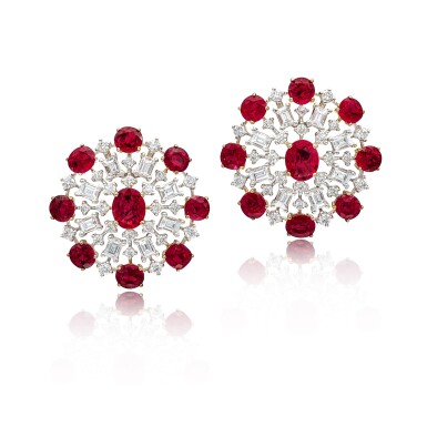 View full screen - View 1 of Lot 1760. PAIR OF RUBY AND DIAMOND EARRINGS | 天然 「緬甸」未經加熱紅寶石 配 鑽石 耳環一對.