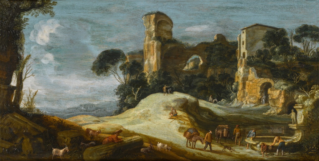 View full screen - View 1 of Lot 82. Figures near a fountain amidst Roman ruins.