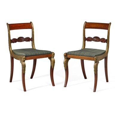 View full screen - View 1 of Lot 164. A Very Fine and Rare Pair of Classical Brass-Inlaid Giltwood And Dolphin-Carved Mahogany Klismos Side Chairs, New York, Circa 1820.