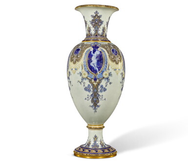 View full screen - View 1 of Lot 222. A monumental Sèvres ormolu-mounted pâte-sur-pâte yellow-ground vase, Vase 'Oeuf', 2ème grandeur, circa 1897.