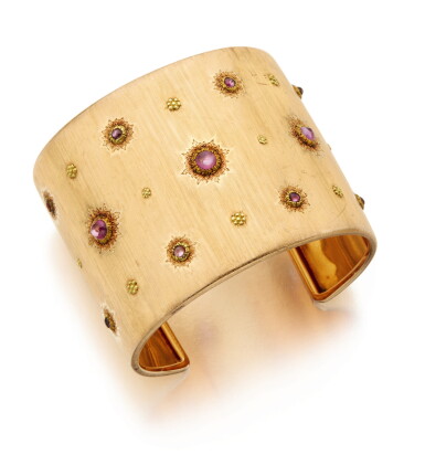 View full screen - View 1 of Lot 373. GOLD AND PINK SAPPHIRE CUFF-BRACELET, BUCCELLATI.