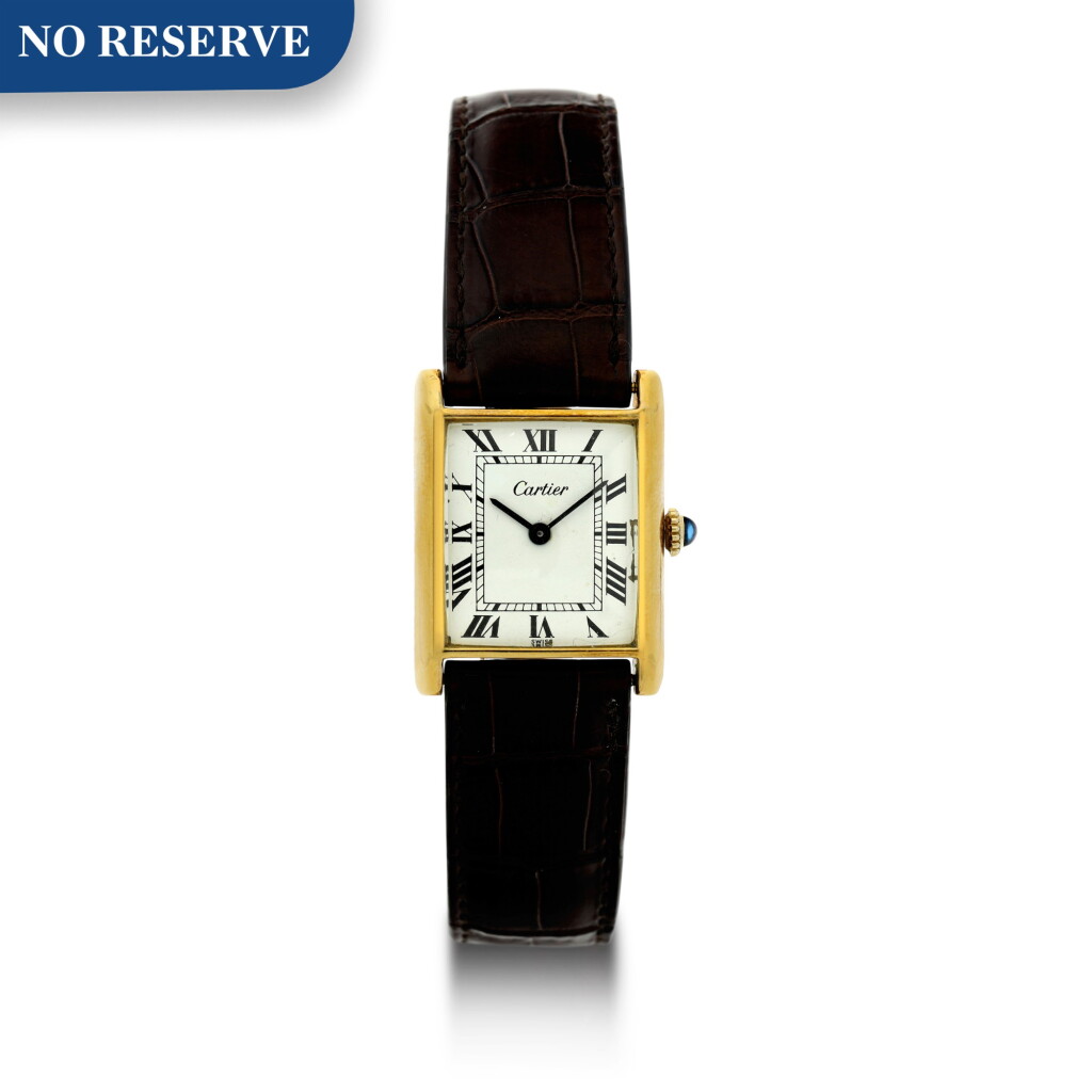 View full screen - View 1 of Lot 215. TANK A GOLD PLATED WRISTWATCH WITH ENAMEL DIAL, CIRCA 1980.