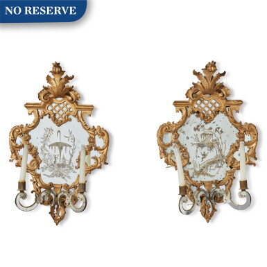 View full screen - View 1 of Lot 216. A Pair of Venetian Rococo Style Carved and Giltwood Girandole Mirrors, 19th Century.