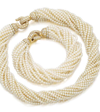 View full screen - View 1 of Lot 15. SEED PEARL AND DIAMOND DEMI-PARURE | CARTIER.