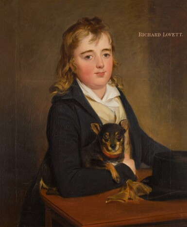 View full screen - View 1 of Lot 95. ATTRIBUTED TO HENRI-PIERRE DANLOUX | PORTRAIT OF RICHARD LOVETT, HALF-LENGTH, SEATED AT A TABLE, HIS DOG BESIDE HIM.