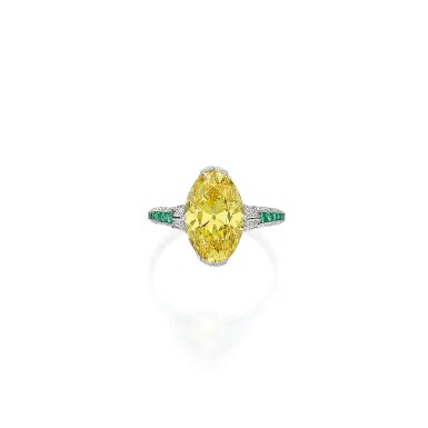 View full screen - View 1 of Lot 62. Fancy Vivid Yellow Diamond, Diamond and Emerald Ring.