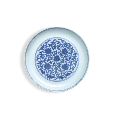 View full screen - View 1 of Lot 9302. A blue and white 'lotus' dish, Mark and period of Jiajing | 明嘉靖 青花纏枝蓮紋盤 《大明嘉靖年製》款.