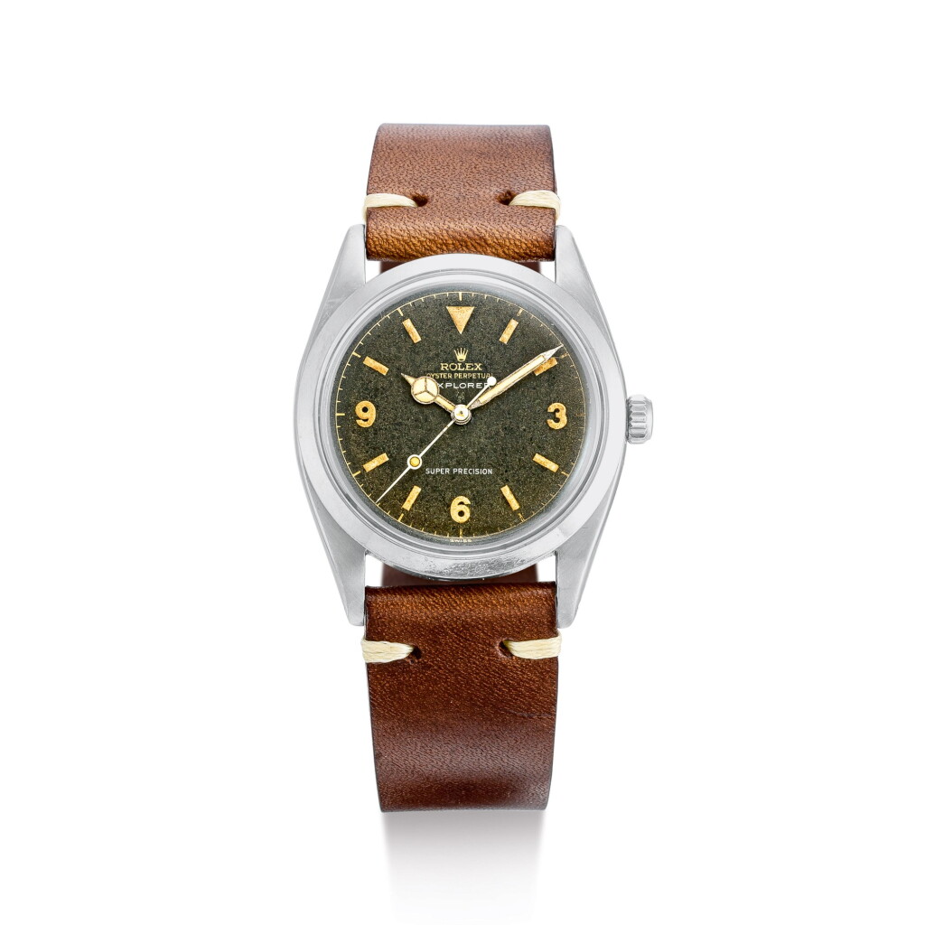 View full screen - View 1 of Lot 2135. ROLEX | EXPLORER, REFERENCE 5504, A STAINLESS STEEL WRISTWATCH WITH TROPICAL DIAL, CIRCA 1958 | 勞力士 | "Explorer 型號5504 精鋼腕錶,備棕色錶盤,錶殼編號371037,約1958年製".