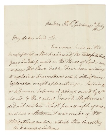 View full screen - View 1 of Lot 343. William Wilberforce | autograph letter signed, on the moral duty of Britain to make reparations to Africa, 1821.
