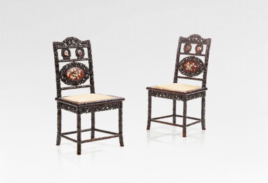 View full screen - View 1 of Lot 113. A pair of wood and mother-of-pearl inlaid chairs, Southern China or Indochina, first half of the 20th century.