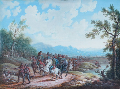 View full screen - View 1 of Lot 66. A pair of military scenes: A) An encampment, with three mounted soldiers, and three others gaming; B) A military convoy by a stream.