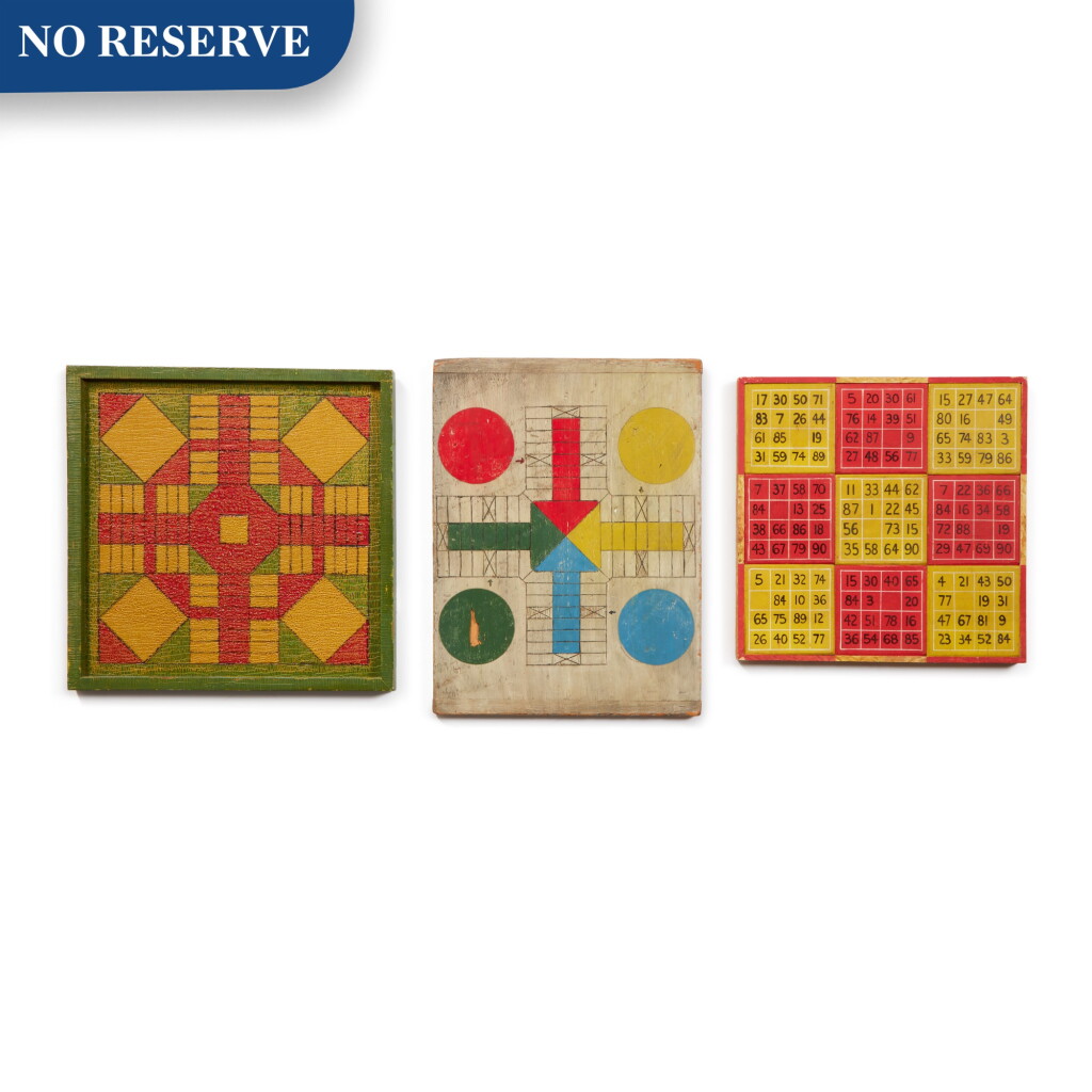 View full screen - View 1 of Lot 310. Group of Three American Polychrome Paint-Decorated Wooden Gameboards, 19th/20th century.