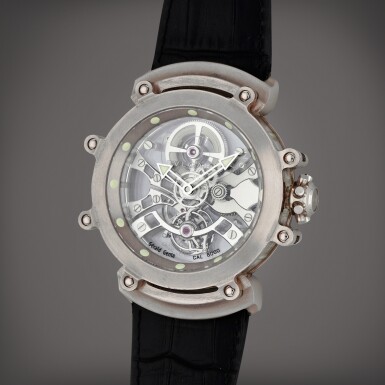 View full screen - View 1 of Lot 284. Gérald Genta Ref. BGG 53 WG TB / 101830 | Limited edition white gold and sapphire crystal skeletonized tourbillon wristwatch | Circa 2013.