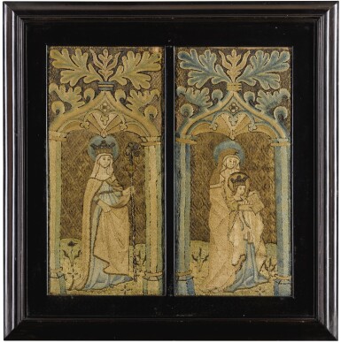 View full screen - View 1 of Lot 35. TWO MEDIEVAL OPUS ANGLICANUM EMBROIDERED ECCLESIASTICAL VERTICAL FRAGMENTS, ENGLISH, LATE 14TH CENTURY.