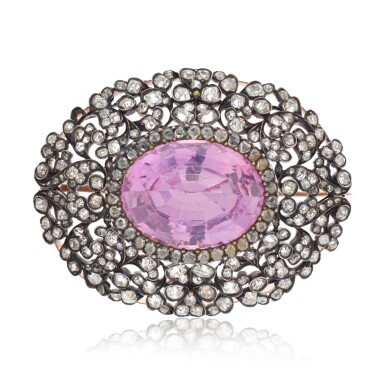 View full screen - View 1 of Lot 637. Fine Imperial Topaz and Diamond Brooch.