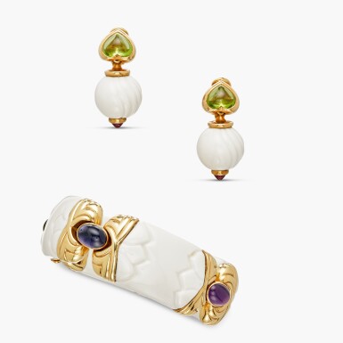 View full screen - View 1 of Lot 492. Gold, Porcelain and Colored Stone 'Chandra' Bracelet and Pair of Pendant-Earclips.