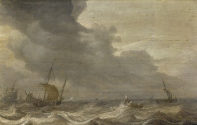 View full screen - View 1 of Lot 104. BONAVENTURA PEETERS THE ELDER | Shipping vessels in stormy waters, the coast beyond.