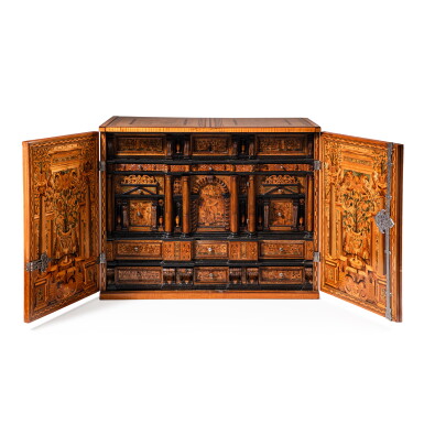 View full screen - View 1 of Lot 106. A silver-plated fruitwood cabinet, Augsburg, mid 17th century | Cabinet en marqueterie de bois fruitier et métal argenté Augsbourg, milieu du XVIIe siècle.