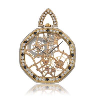 View full screen - View 1 of Lot 63. Retailed by Royama: Ref. G2144 Yellow and white gold diamond and sapphire-set skeletonized watch Circa 1980 | Gérald Genta | G2144型號黃金及白金鑲鑽石及藍寶石鏤空懷錶,零售商為Royama,年份約1980.