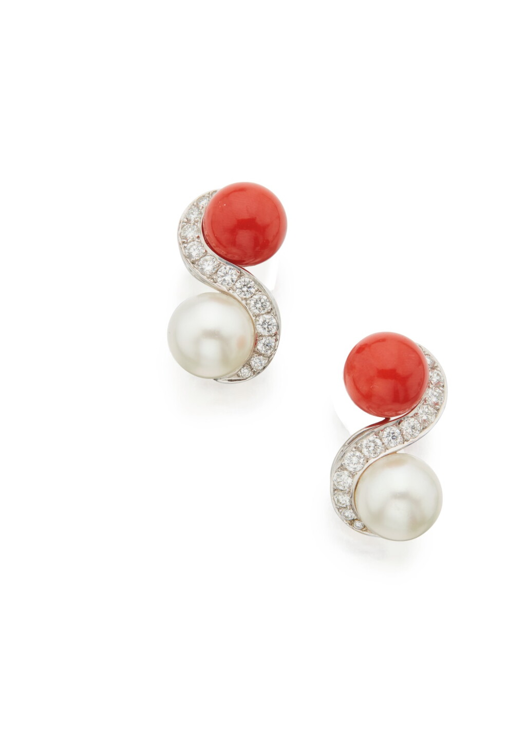 View full screen - View 1 of Lot 86. PAIR OF CORAL, CULTURED PEARL AND DIAMOND EARCLIPS, SEAMAN SCHEPPS.