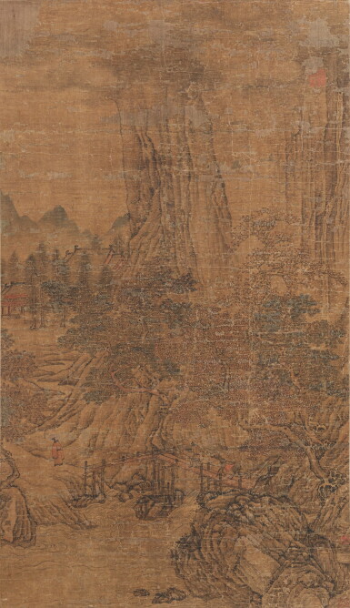 View full screen - View 1 of Lot 66. Anonyme Paysage Dynastie Ming, XVE-XVIE siècle | 明十五至十六世紀 關仝(款 ) 風景人物圖 | Landscape, ink and colour on silk, bearing signature Guan Tong, Ming Dynasty, 15th-16th century.
