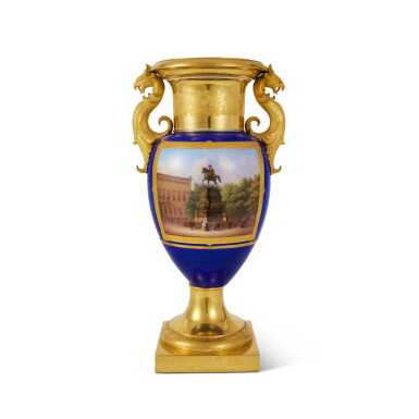 View full screen - View 1 of Lot 224. A Berlin (K.P.M.) Blue-Ground Topographical Vase, 'Französische form mit Greifenkopfhenkeln', Circa 1851.