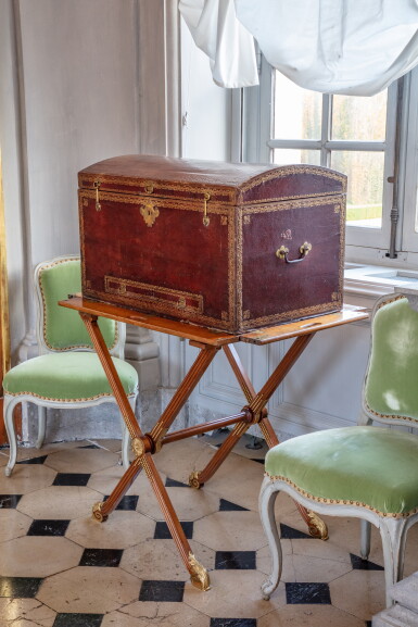 View full screen - View 1 of Lot 29. A Louis XV red leather casket, circa 1750 | Coffre en maroquin rouge doré aux petits fers d’époque Louis XV, vers 1750.