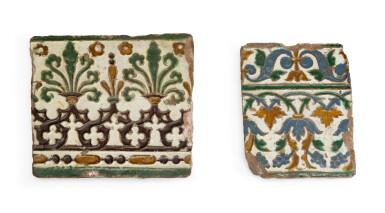 View full screen - View 1 of Lot 328. Two cuerda seca pottery tile fragments, Spain, 16th century.