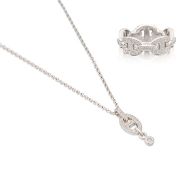 View full screen - View 1 of Lot 9821. Set of Two White Gold and Diamond Chaine d'ancre Enchainee Ring and White Gold and Diamond Chaine d'ancre Enchainee Pendant.