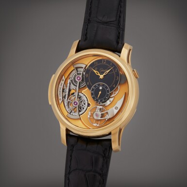 View full screen - View 1 of Lot 121. Reference MON00170 Logical One 'Unique Romain Gauthier Signature' | A limited edition yellow gold semi-skeletonised wristwatch with ergonomic winding system, in house constant force movement and power reserve indication, Made for the US Market, Circa 2020 | The Hammer Collection.