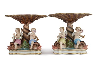 View full screen - View 1 of Lot 323. A PAIR OF MEISSEN DOLPHIN FOOTED COMPORTS, LATE 19TH CENTURY .