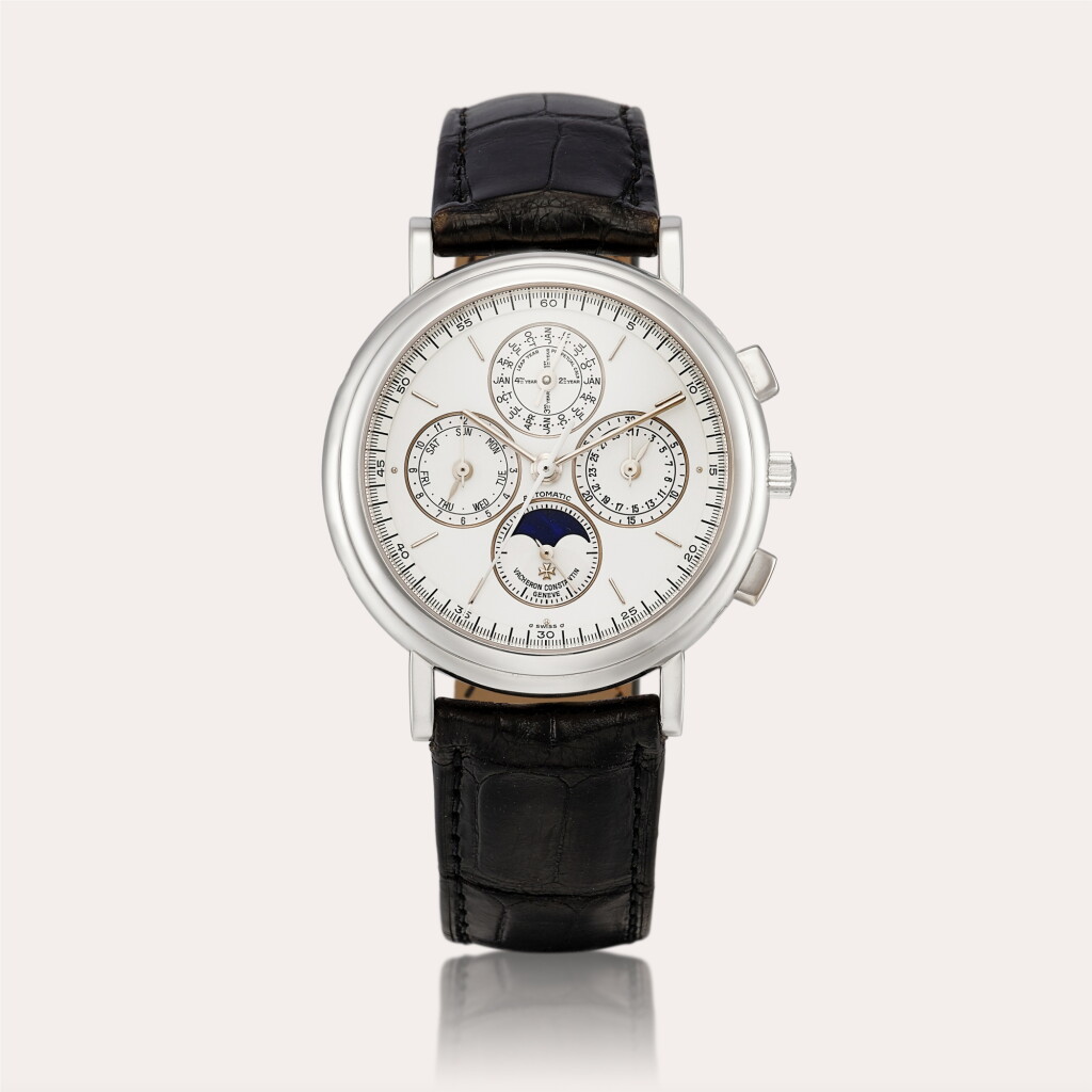 View full screen - View 1 of Lot 2137. Patrimony, Reference 49005 A platinum perpetual calendar chronograph wristwatch with moon phases and leap year indication, Circa 2000 | 江詩丹頓 | PATRIMONY 型號49005 | 鉑金萬年曆計時腕錶,備月相及閏年顯示,約2000年製.
