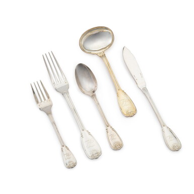 View full screen - View 1 of Lot 365. A 145-piece silver flatware service, engraved KL for Karl Lagerfeld, Christofle stamped Cardeilhac, Paris, modern | Ein 145-teiliges Silberbesteck, graviert KL für Karl Lagerfeld, gestempelt Christofle Cardeilhac, Paris, modern.
