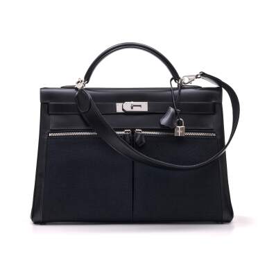 View full screen - View 1 of Lot 332. Black Kelly Lakis 40cm in Toile and Box Leather with Palladium Hardware, 2008.
