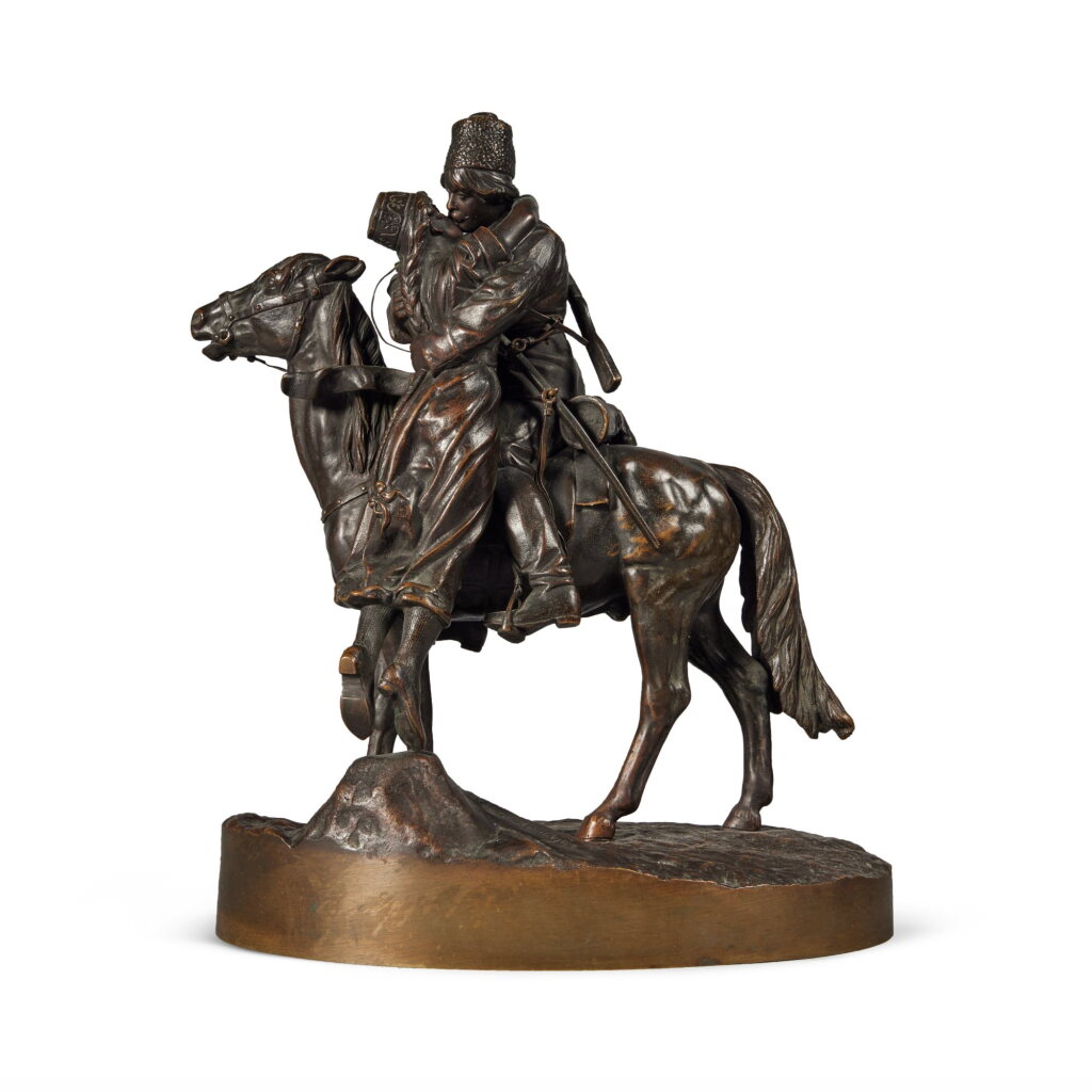 View full screen - View 1 of Lot 695. A Patinated Bronze Equestrian Group, "The Cossack's Kiss" After Lanceray.
