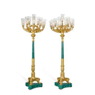 View full screen - View 1 of Lot 74. A Pair of Empire Style Gilt-Bronze and Malachite Sixteen-Light Torchères, Attributed to Baldi, Florence.