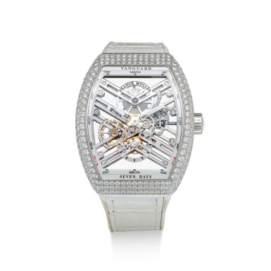 View full screen - View 1 of Lot 8077. FRANCK MULLER | VANGUARD, REFERENCE V45 S6 SQT D AC BC | A STAINLESS STEEL AND DIAMOND-SET SKELETONISED WRISTWATCH, CIRCA 2017 | Vanguard 型號V45 S6 SQT D AC BC 精鋼鑲鑽石鏤空腕錶,約2017年製.