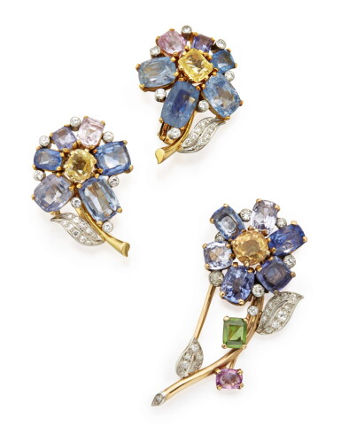 View full screen - View 1 of Lot 315. GOLD, GEM-SET, AND DIAMOND CLIP-BROOCH, CARTIER, LONDON AND PAIR OF EARCLIPS.