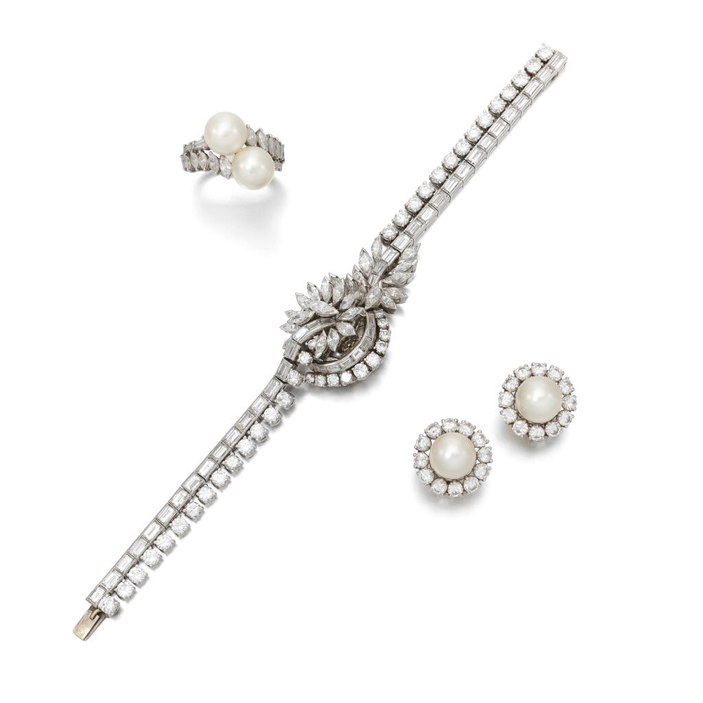 View full screen - View 1 of Lot 269. Cultured pearl and diamond ear clips and a diamond wristwatch | Paio di orecchini e anello in perle coltivate e diamanti e un orologio da sera in diamanti .