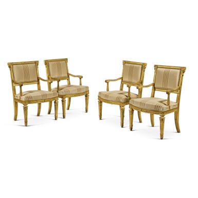 View full screen - View 1 of Lot 1102. A Set of Four Italian Neoclassical Giltwood Armchairs, Probably Rome, Circa 1780.