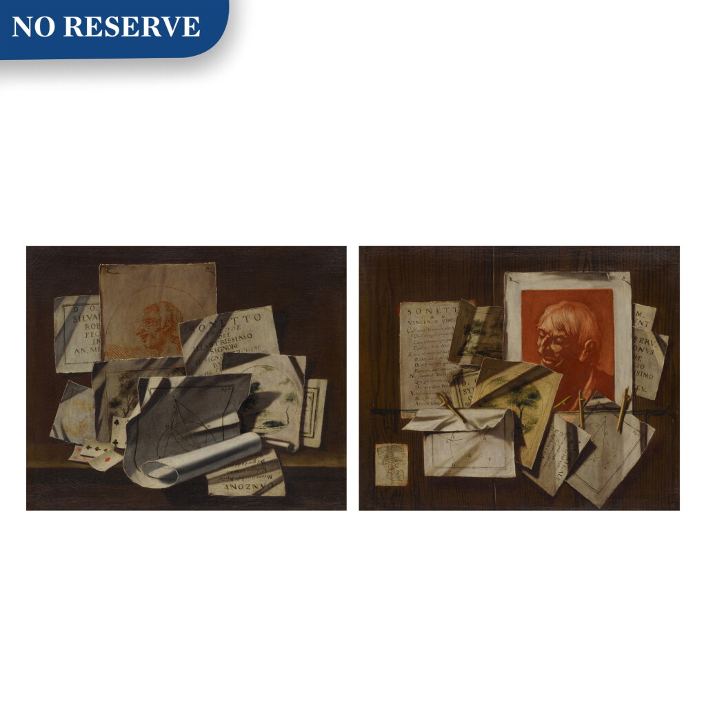 View full screen - View 1 of Lot 96. A pair of trompe-l'œil still lifes with portrait and landscape sketches, sonnets, mathematical sketches.