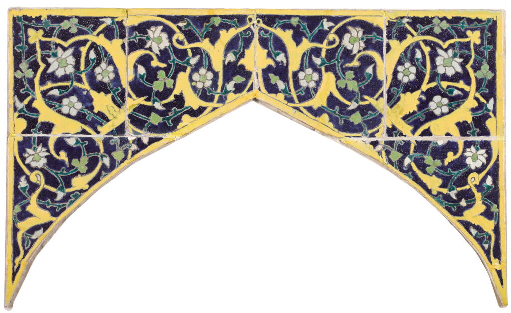 View full screen - View 1 of Lot 146. A monumental Safavid arched cuerda seca tile panel, Persia, first-quarter 16th century.