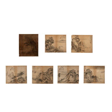 View full screen - View 1 of Lot 24. Anonymous, Sailing to the Red Cliff, and Attributed to Dong Bangda (1699-1769), Landscape | 佚名《赤壁》設色絹本 及 董邦達(款)《山水》水墨紙本 七開冊.