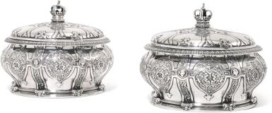 View full screen - View 1 of Lot 137. ROYAL. A PAIR OF VICTORIAN SILVER CAVIAR SERVERS, LINERS AND COVERS, R. & S. GARRARD & CO., LONDON, 1862.